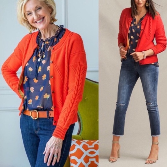 Cabi 5449 Orange Citrus Chunky Cable Knit Cardigan Sweater Button Up Medium - Picture 13 of 13